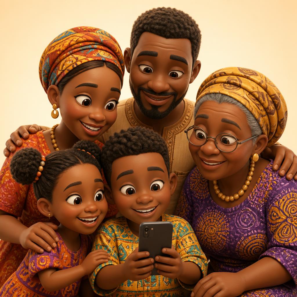 Famille africaine souriante autour d'un téléphone